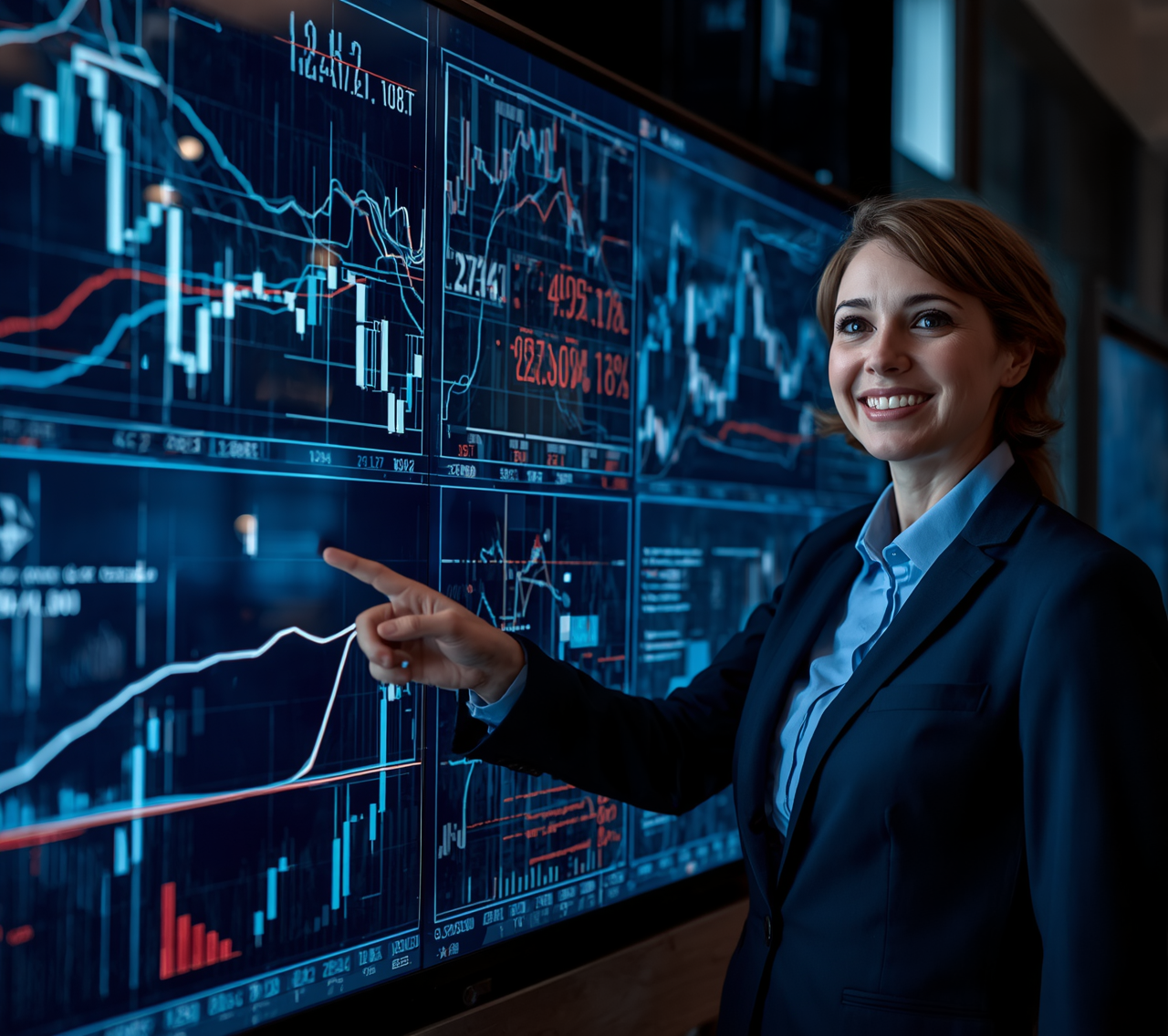 Femme expliquant des graphiques financiers